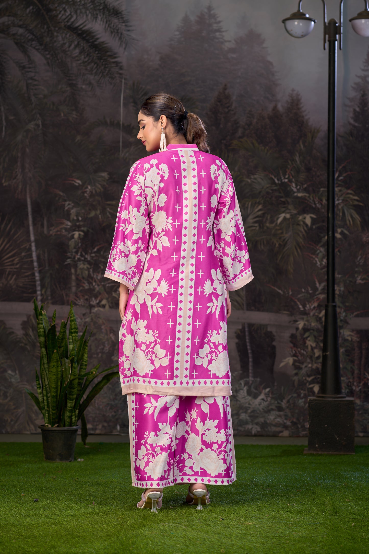 Pink White Printed Turkish Modal Satin Silk Co-Ord Set