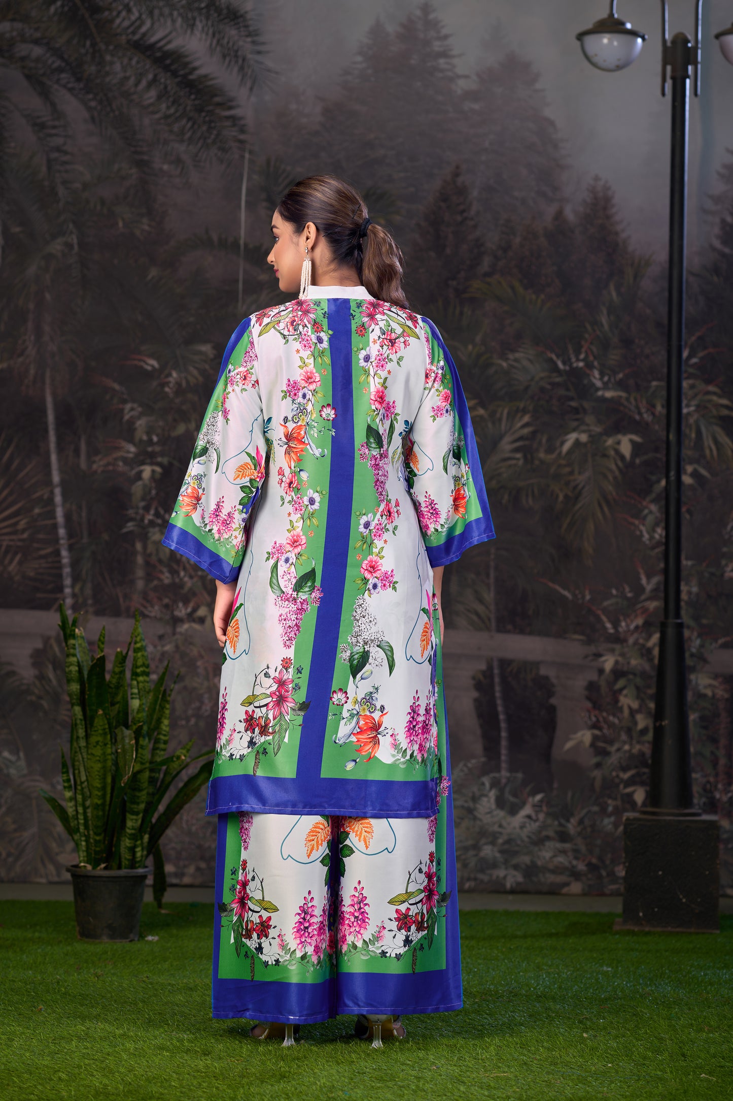 Blue Green Printed Turkish Modal Satin Silk Co-Ord Set