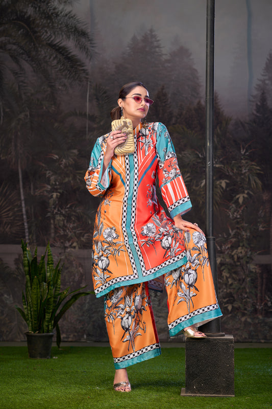 Yellow Orange Printed Turkish Modal Satin Silk Co-Ord Set