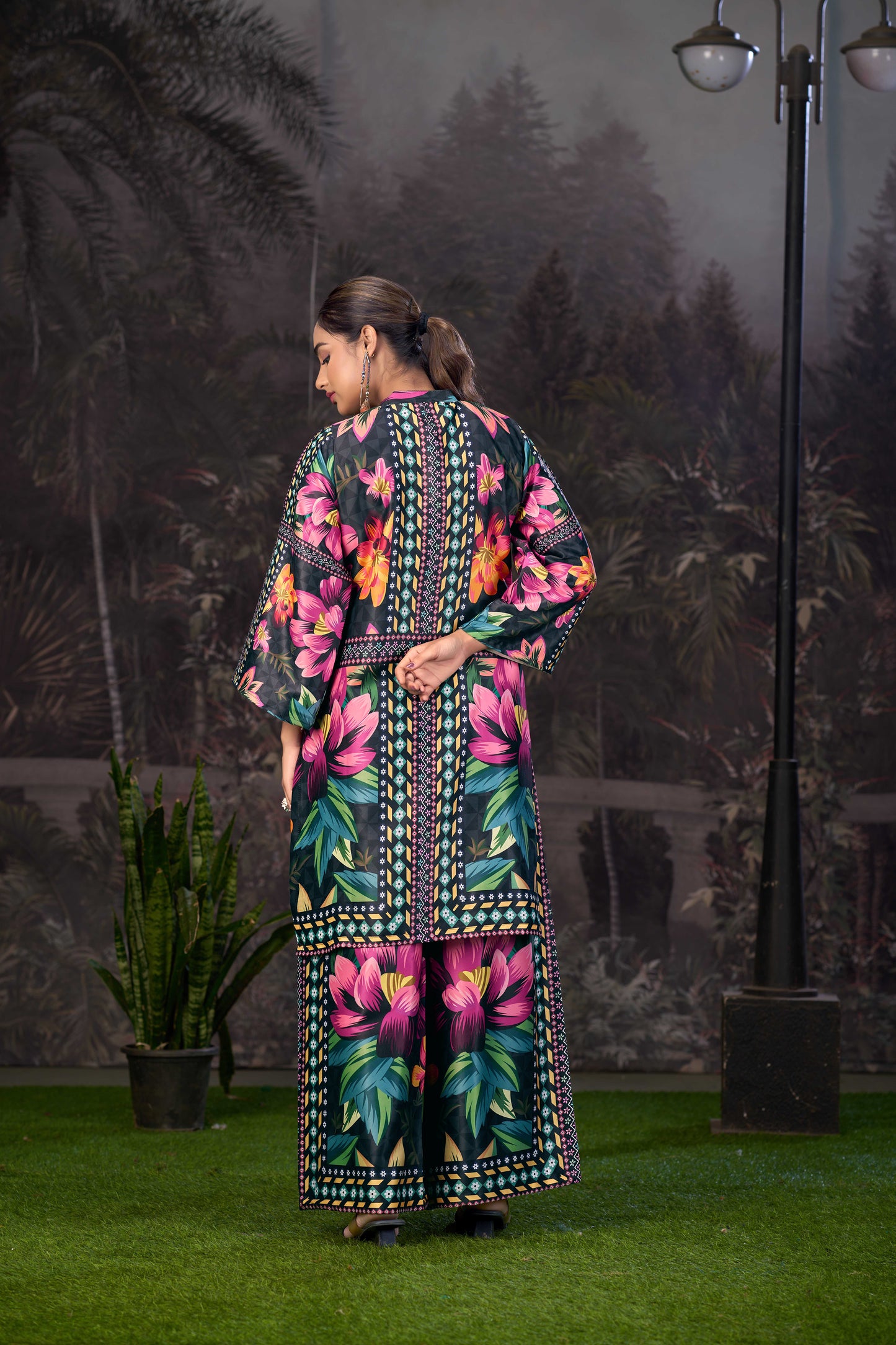 Black Pink Printed Turkish Modal Satin Silk Co-Ord Set