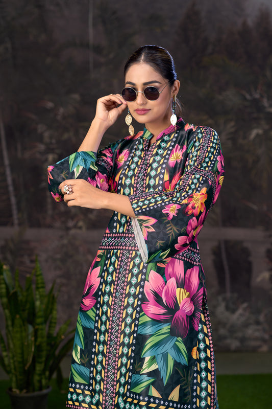 Black Pink Printed Turkish Modal Satin Silk Co-Ord Set