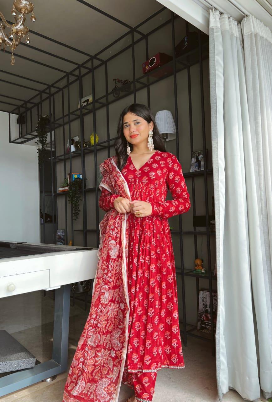 Red Flower Printed Cotton Suit Set – Style Jaipur