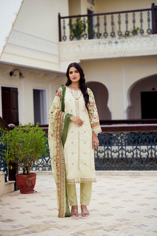 Peppermint Embroidered Cotton Suit Set with Digital Printed Dupatta