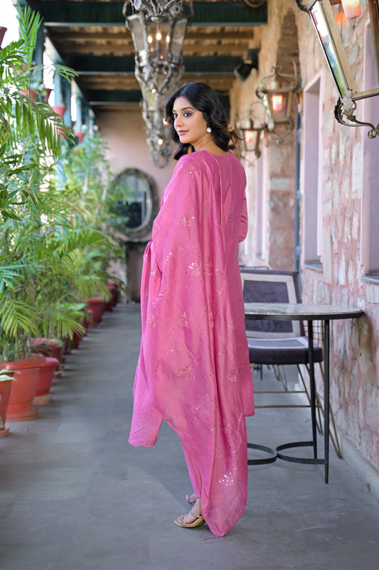 Sky Magenta Embroidered Roman Silk Kurta and Pant Set with Dupatta