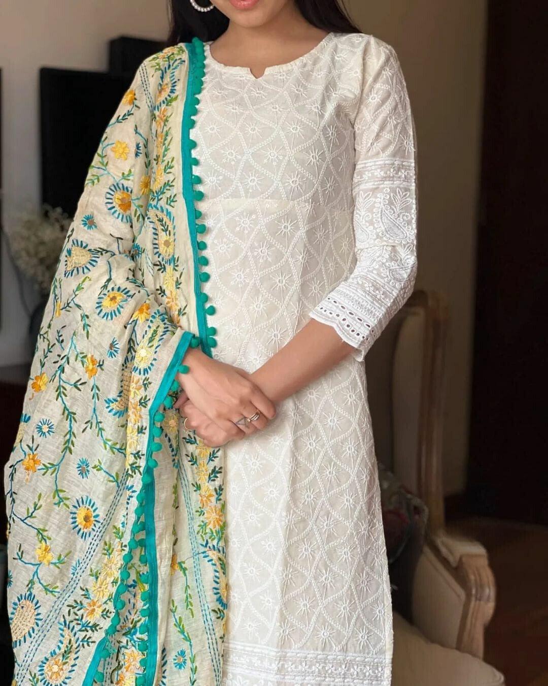 Chikankari Off White Kurta and Pant Set with Printed Chanderi Dupatta