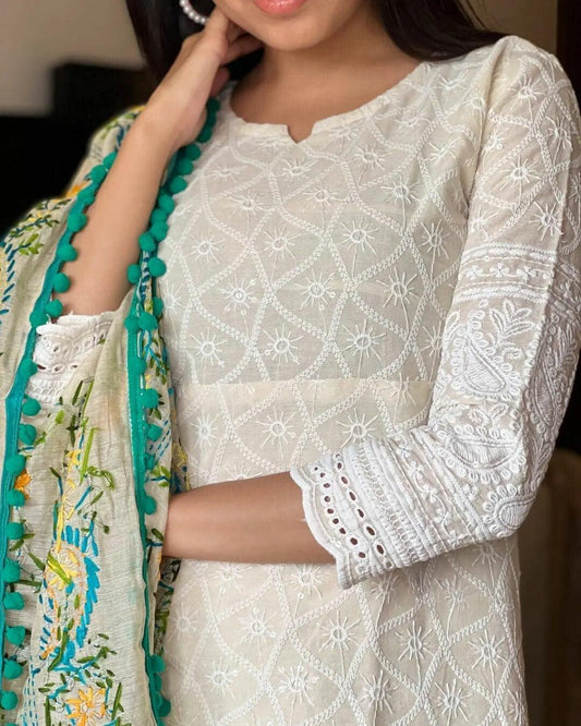 Chikankari Off White Kurta and Pant Set with Printed Chanderi Dupatta