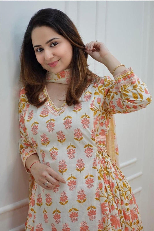 Floral Printed Cotton Kurta Pant Set with Dupatta