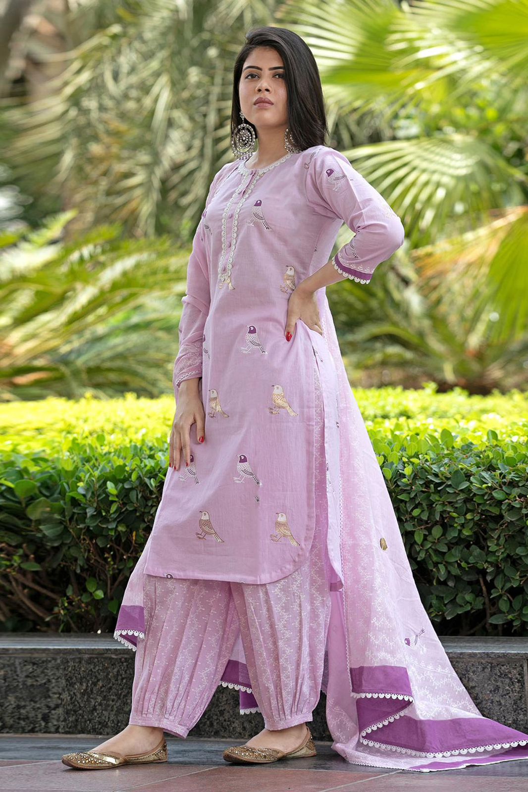 Bird Printed Pink Cotton Kurta and Pant Set with Dupatta – Style