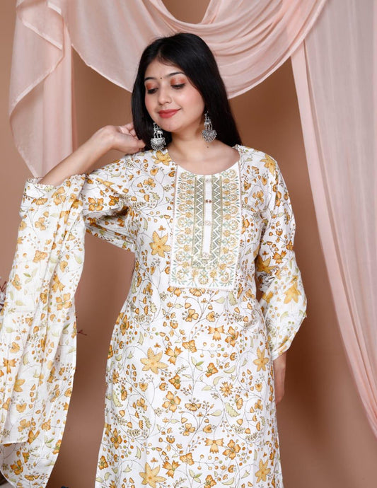 Printed Cotton Kurta and Pant Set with Mulmul Dupatta