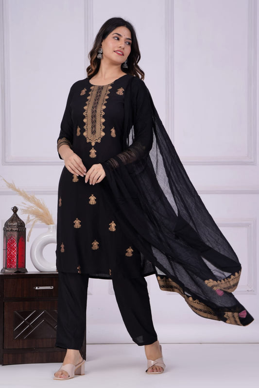 Black Printed Rayon Kurta and Pant Set with Dupatta