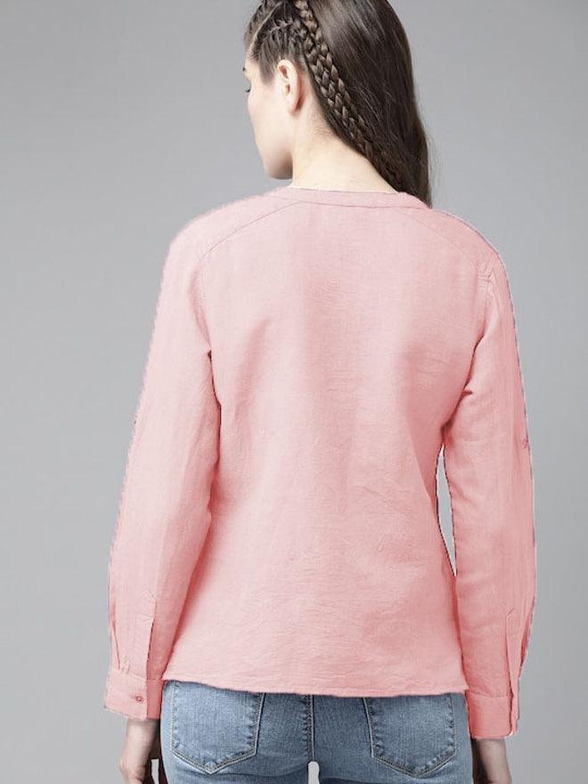 Pink Cotton Linen Roll Up Sleeves Short Kurta