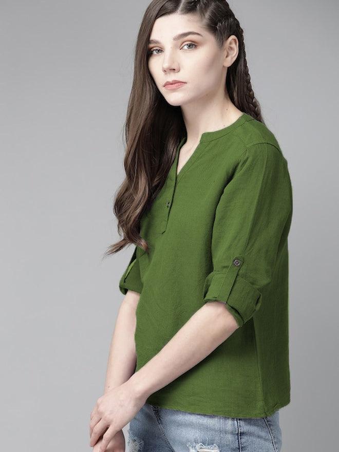 Green Cotton Linen Roll Up Sleeves Short Kurta