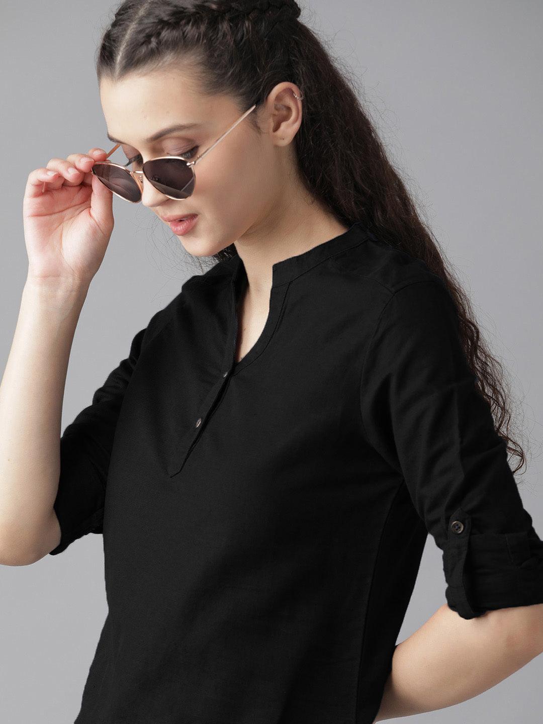 Black Cotton Linen Roll Up Sleeves Short Kurta