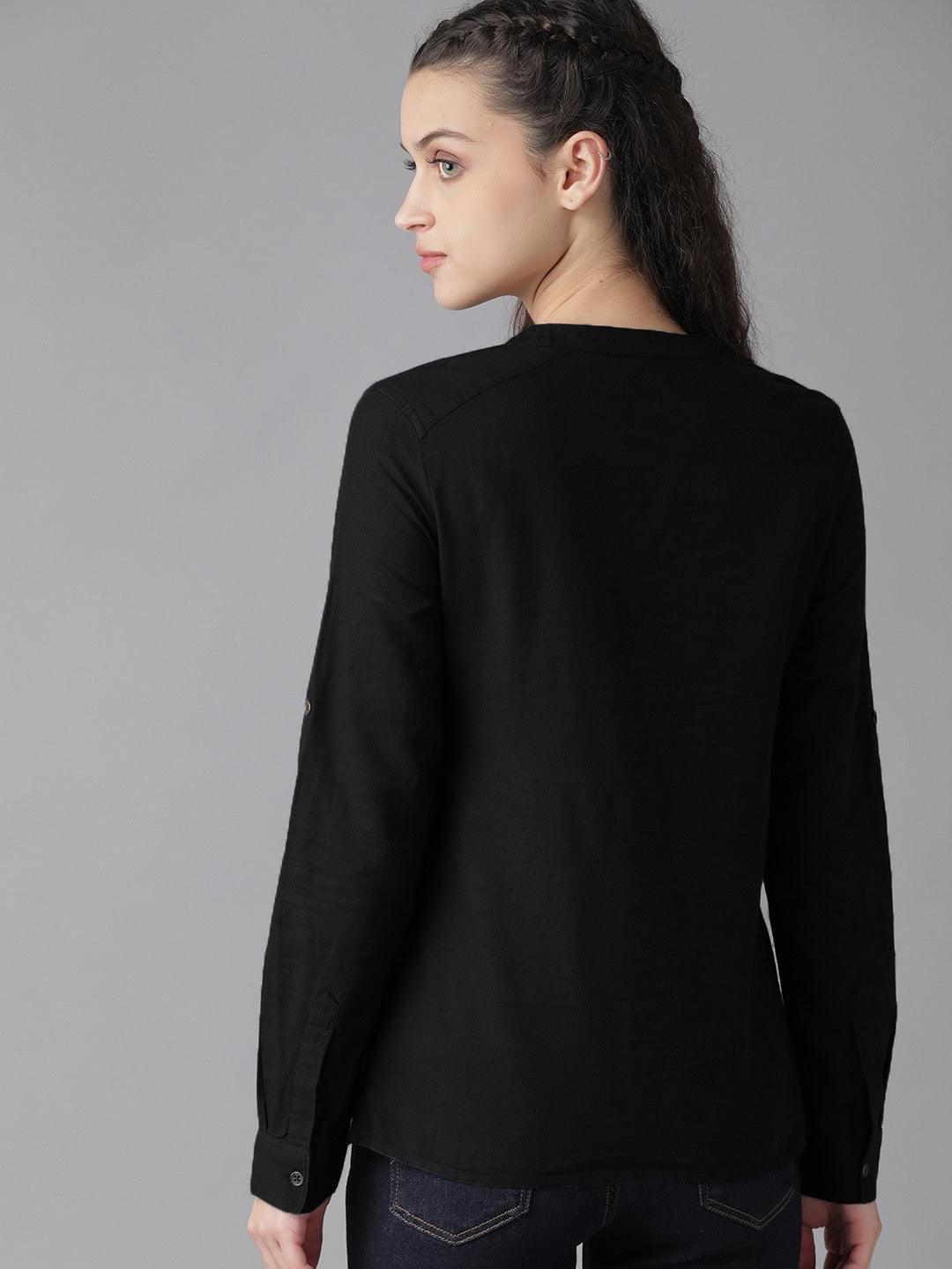 Black Cotton Linen Roll Up Sleeves Short Kurta