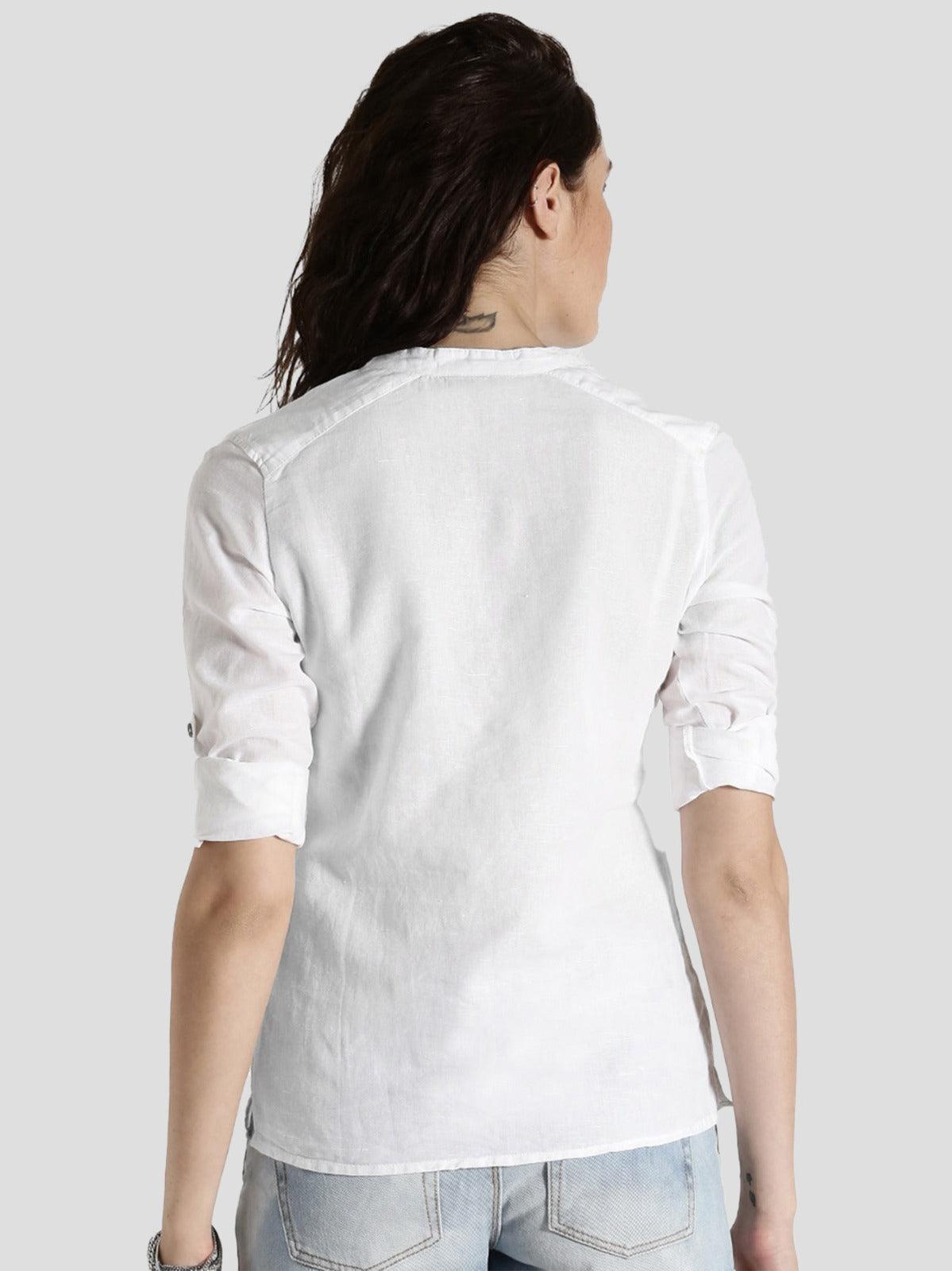 White Cotton Linen Roll Up Sleeves Short Kurta