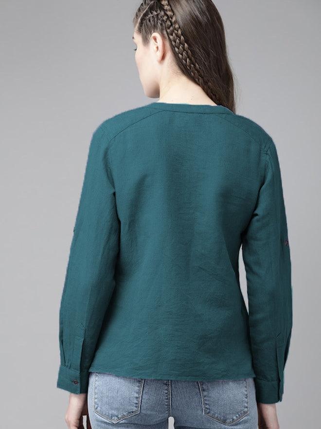 Mineral Green Cotton Linen Roll Up Sleeves Short Kurta