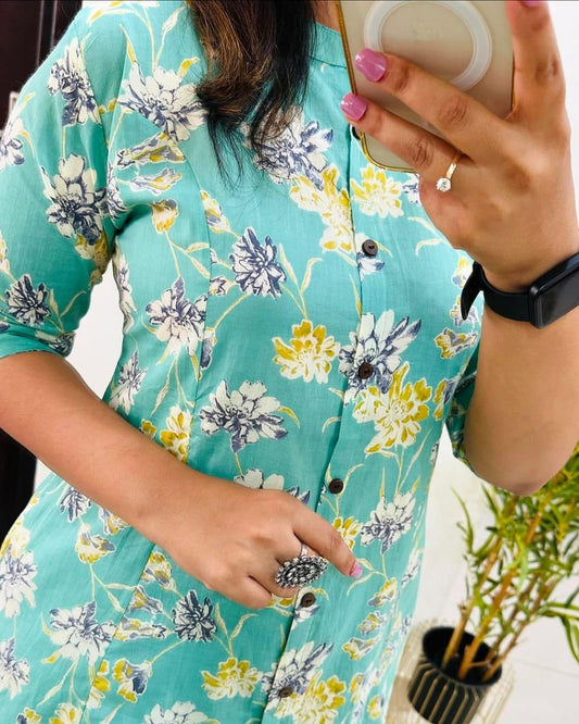 Pearl Aqua Floral Printed Rayon Co-Ord Set