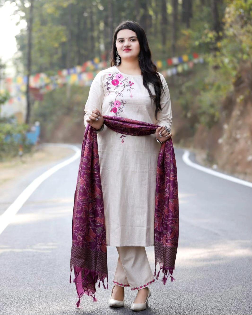 Off White Embroidered Cotton Suit Set with Khadi Silk Dupatta