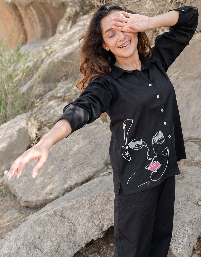 Black Embroidered Cotton Flex Co-Ord Set