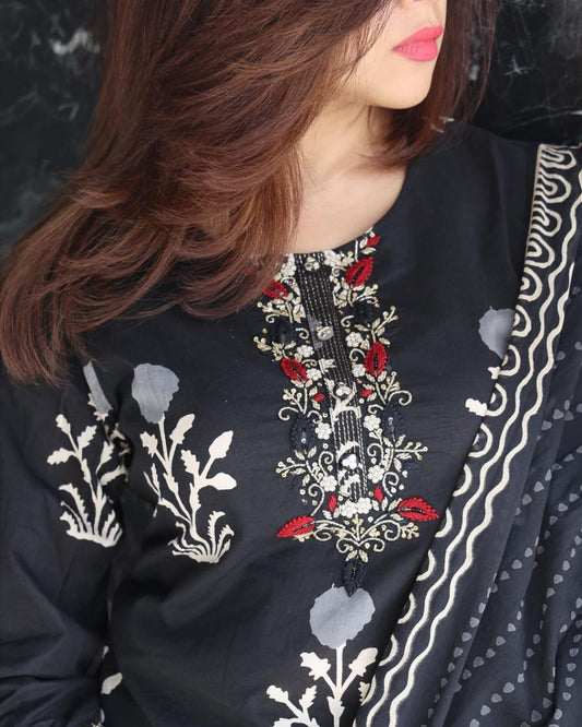Black Embroidered Cotton Kurta and Pant Set with Dupatta