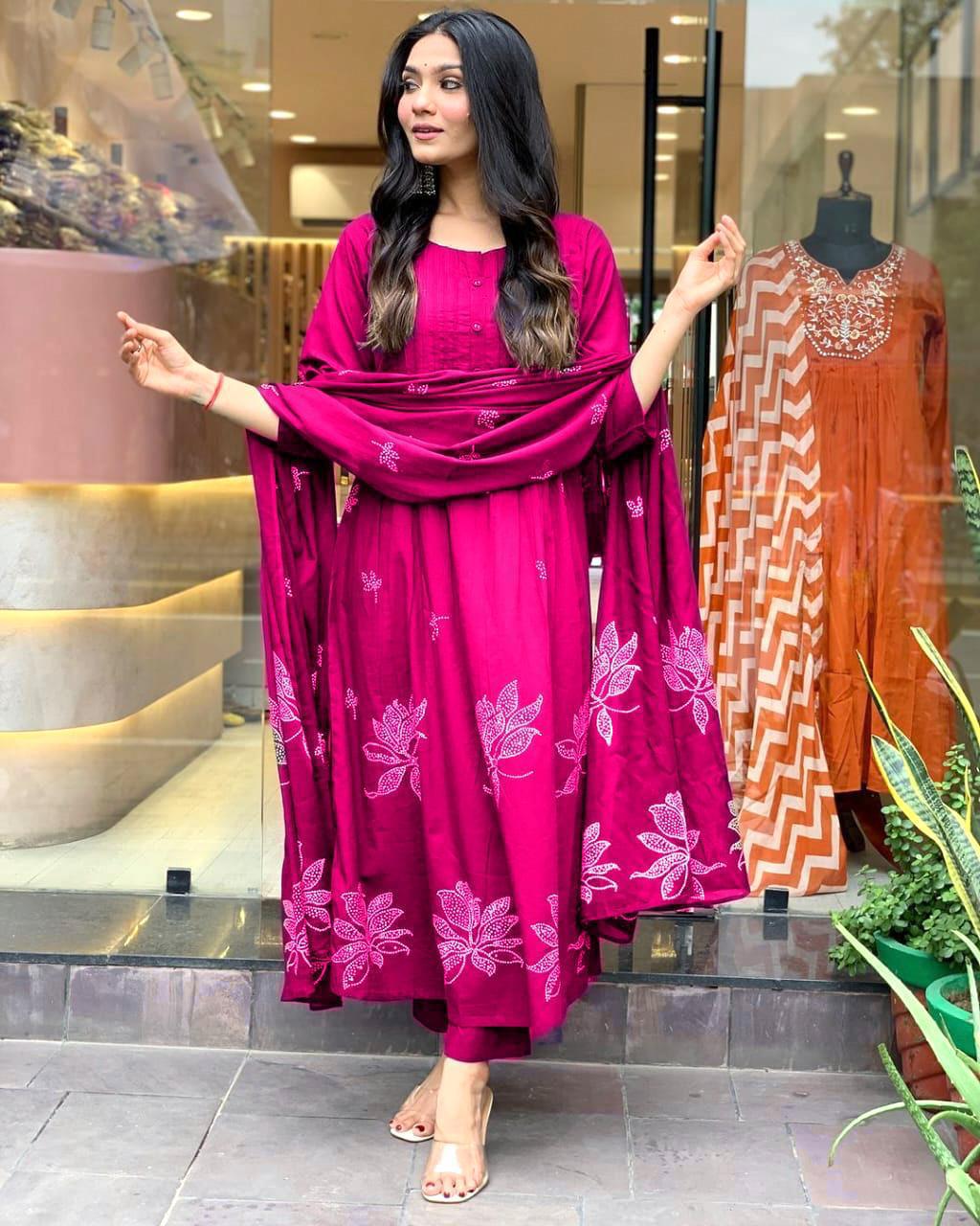 Deep Pink Printx Work Cotton Suit Set with Dupatta – Style Jaipur