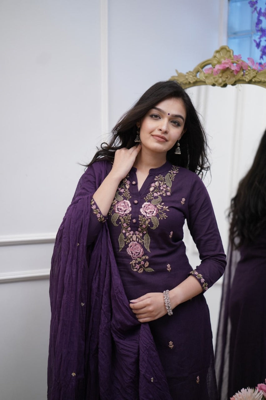Purple Embroidered Cotton Suit Set with Dupatta