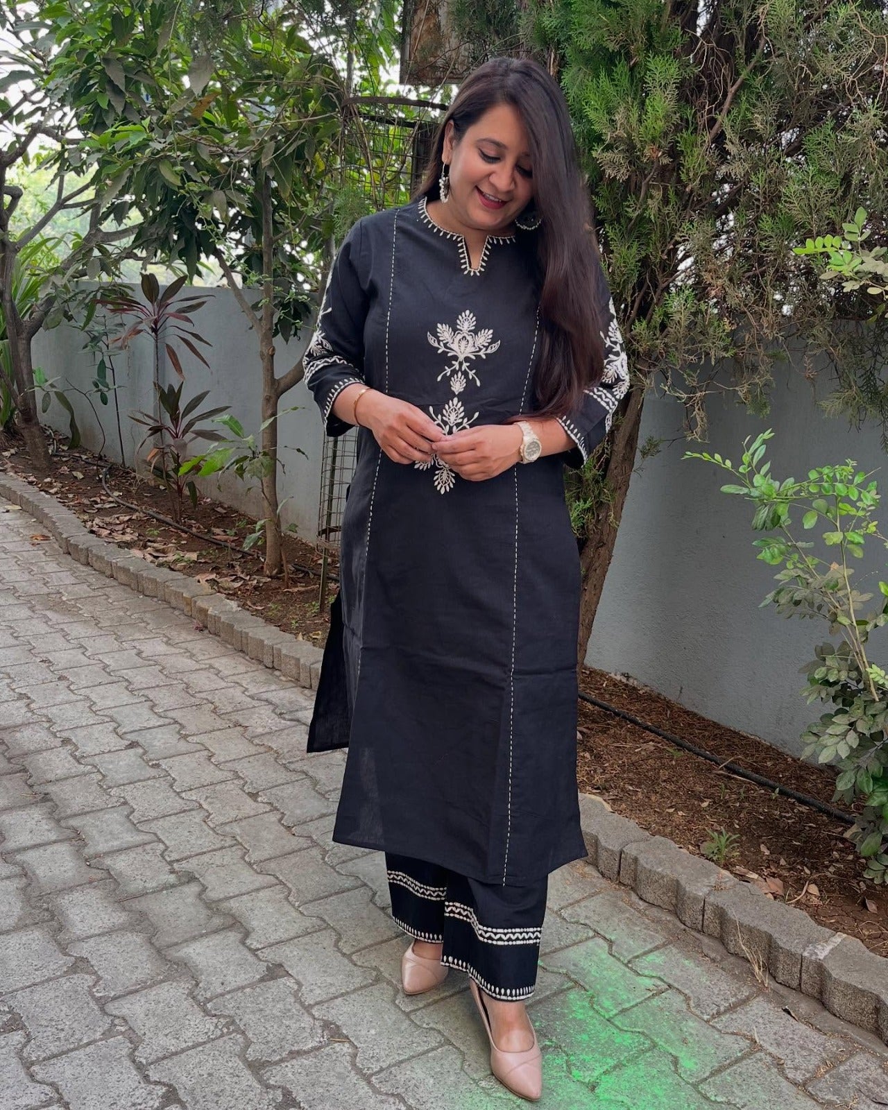 Black Embroidered South Cotton Kurta and Pant Set