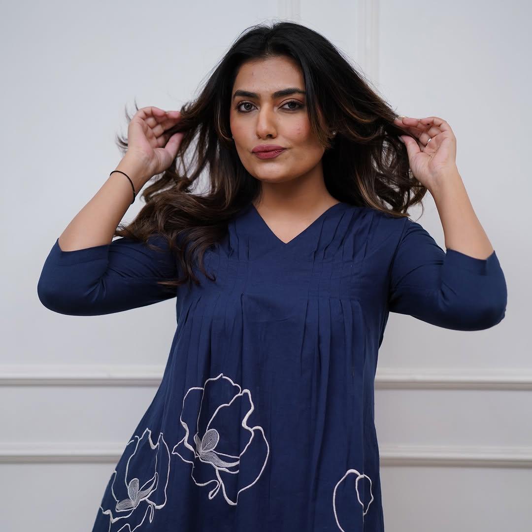 Navy Blue Embroidered Cotton Co-Ord Set