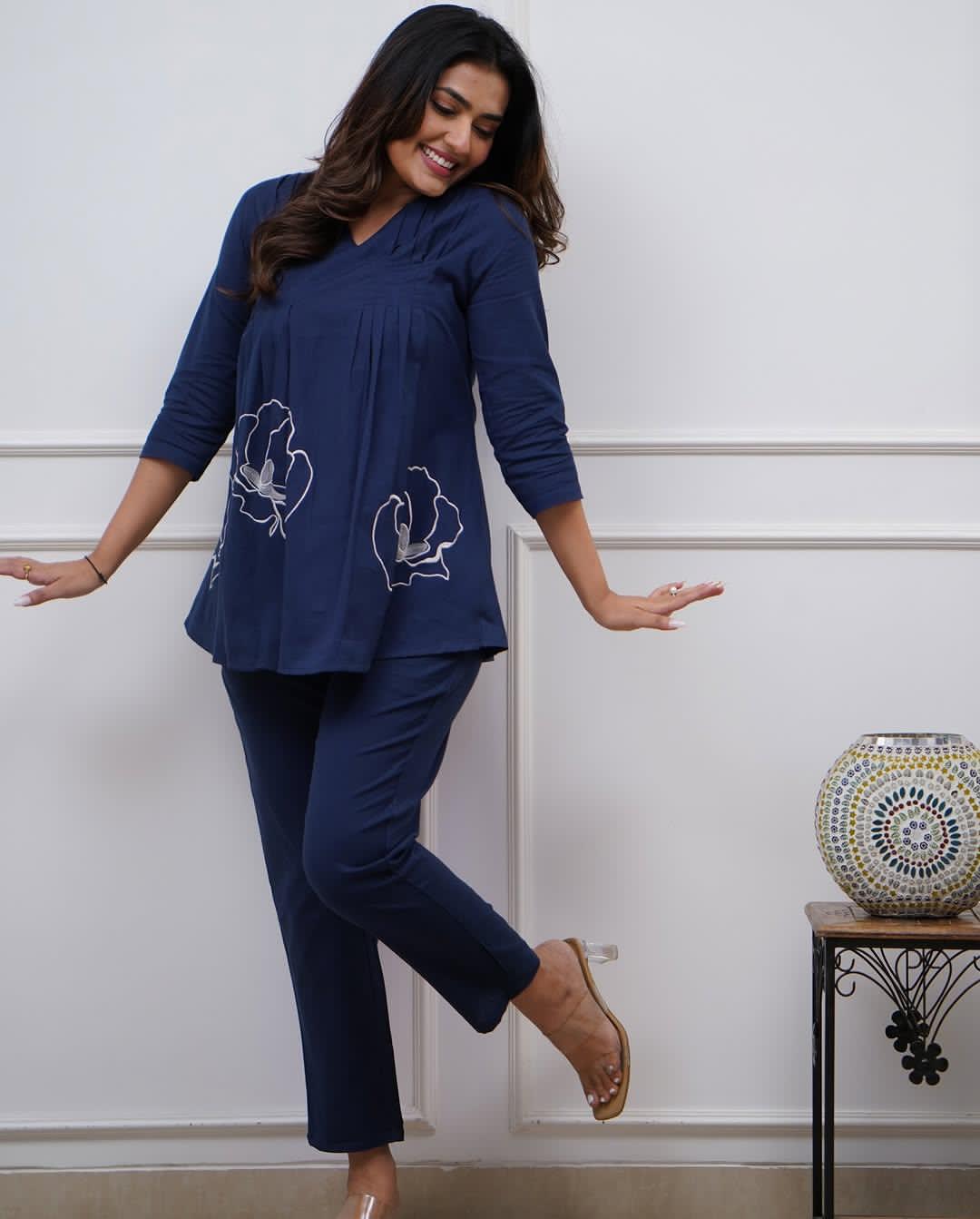 Navy Blue Embroidered Cotton Co-Ord Set