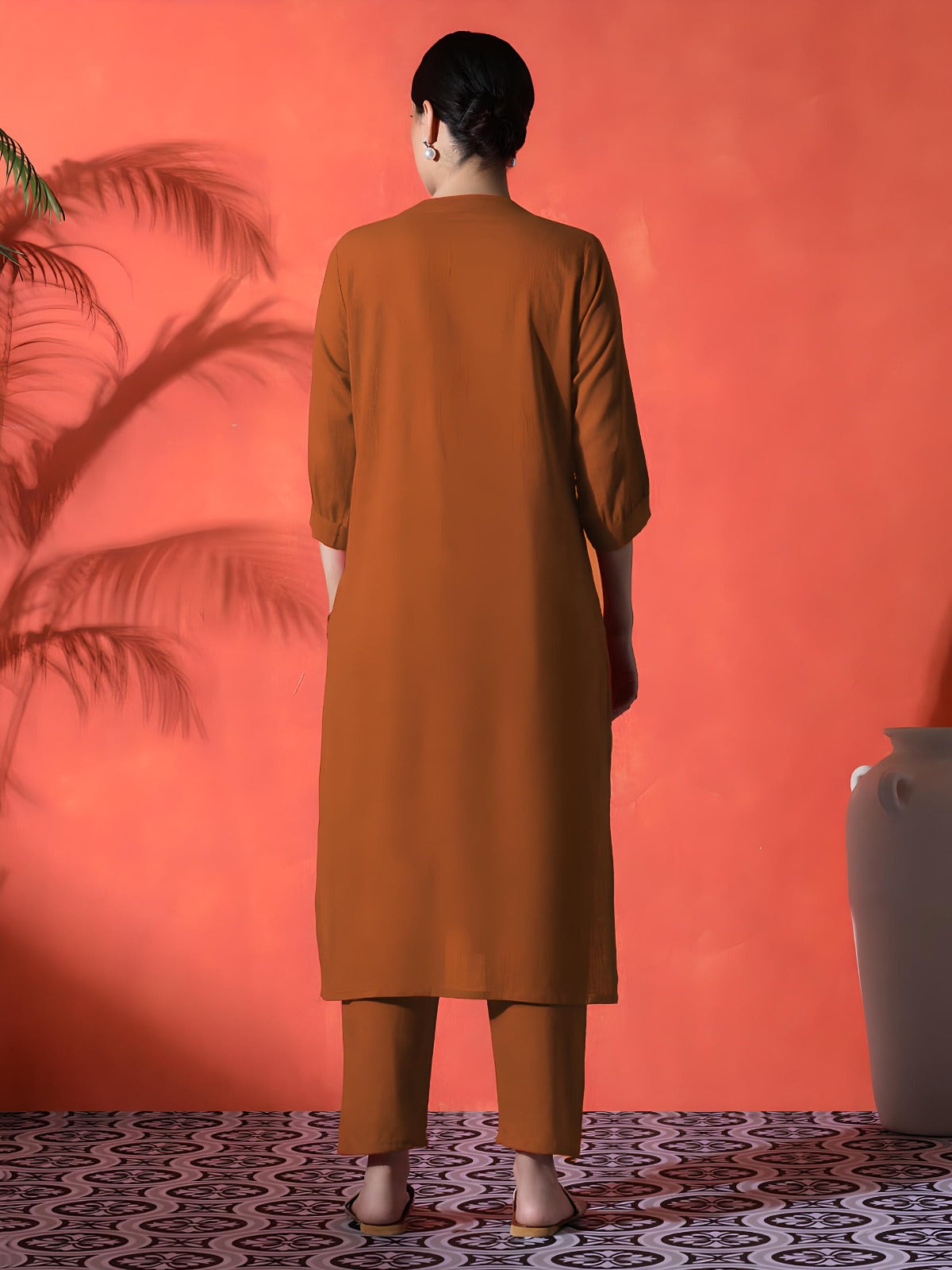 Brown Rust Heart Embroidered Cotton Kurta and Pant Set