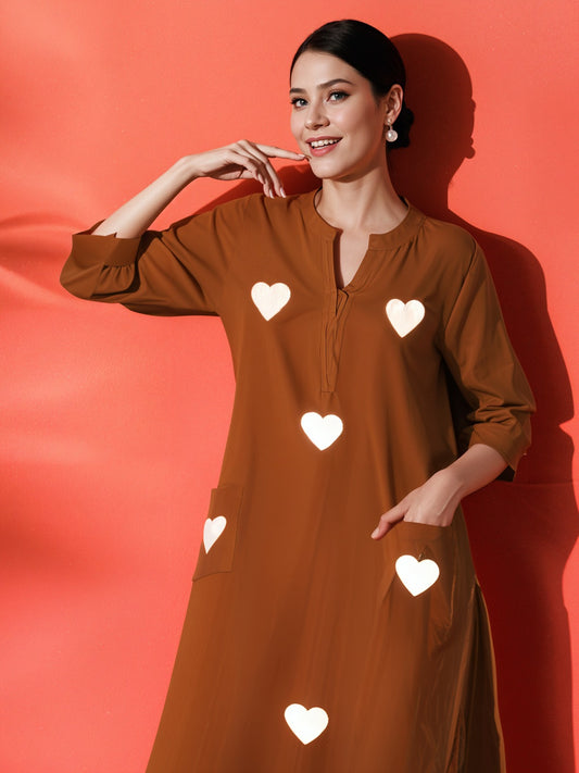 Brown Rust Heart Embroidered Cotton Kurta and Pant Set