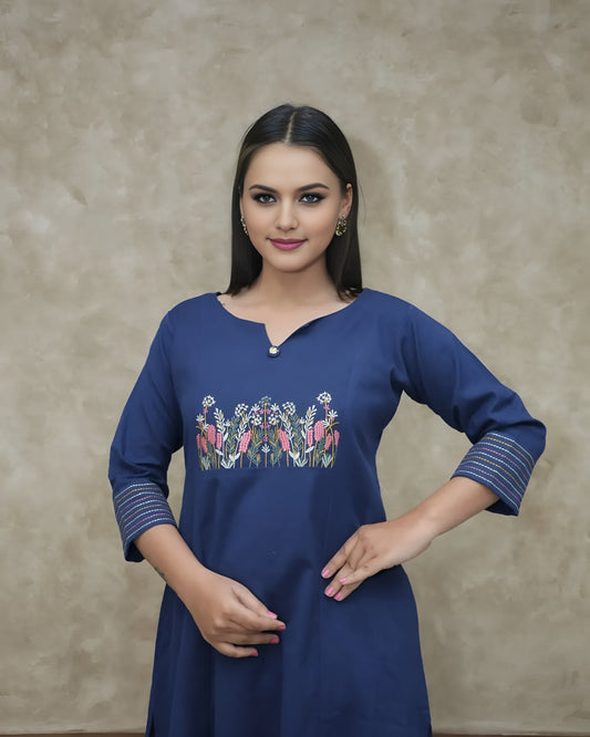 Blue Embroidered Cotton Flex Kurta and Pant Set