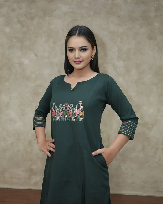 Green Embroidered Cotton Flex Kurta and Pant Set