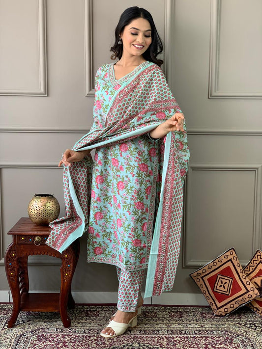 Coral Blue Printed Cotton Kurta and Pant Set with Dupatta