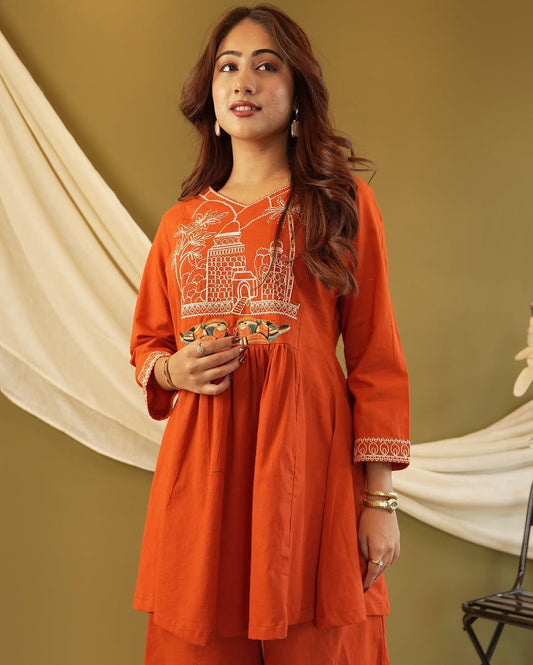 Rust Orange Embroidered Cotton Co-Ord Set