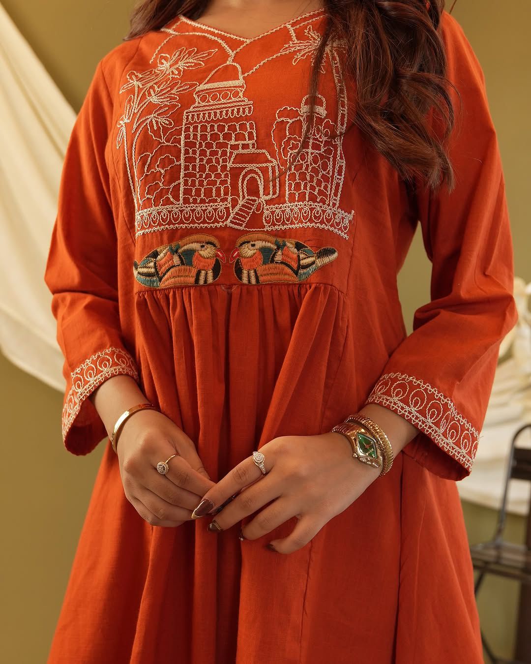 Rust Orange Embroidered Cotton Co-Ord Set