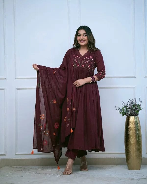 Wine Embroidered Cotton Kurta and Pant Set with Dupatta