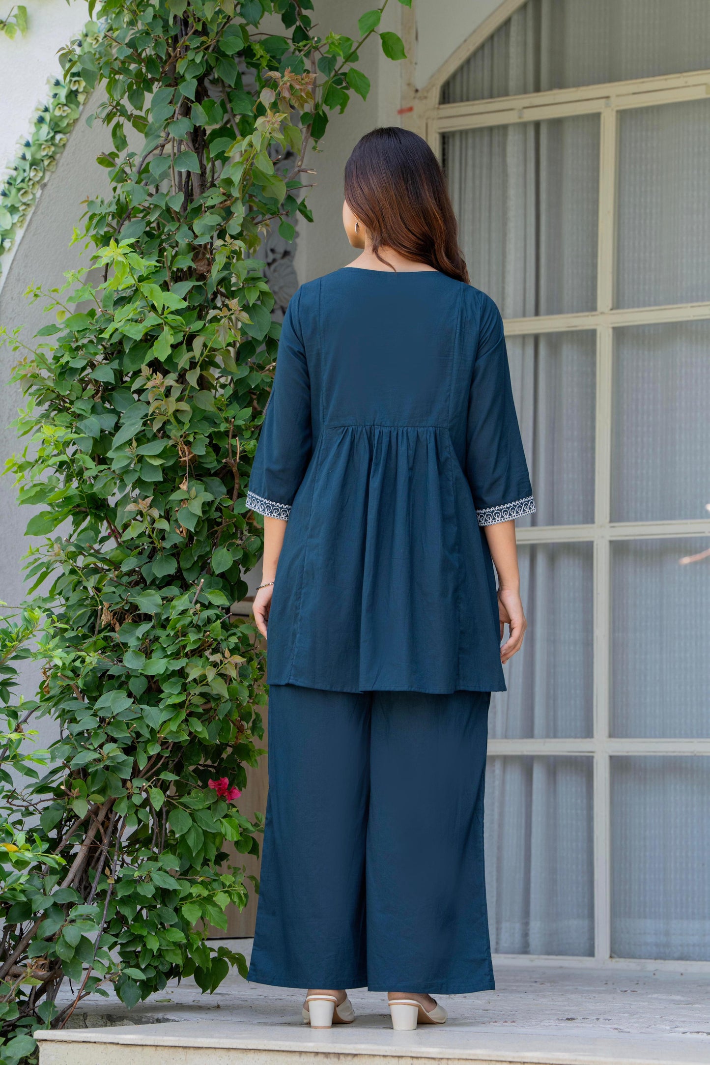 Blue Stone Embroidered Cotton Co-Ord Set