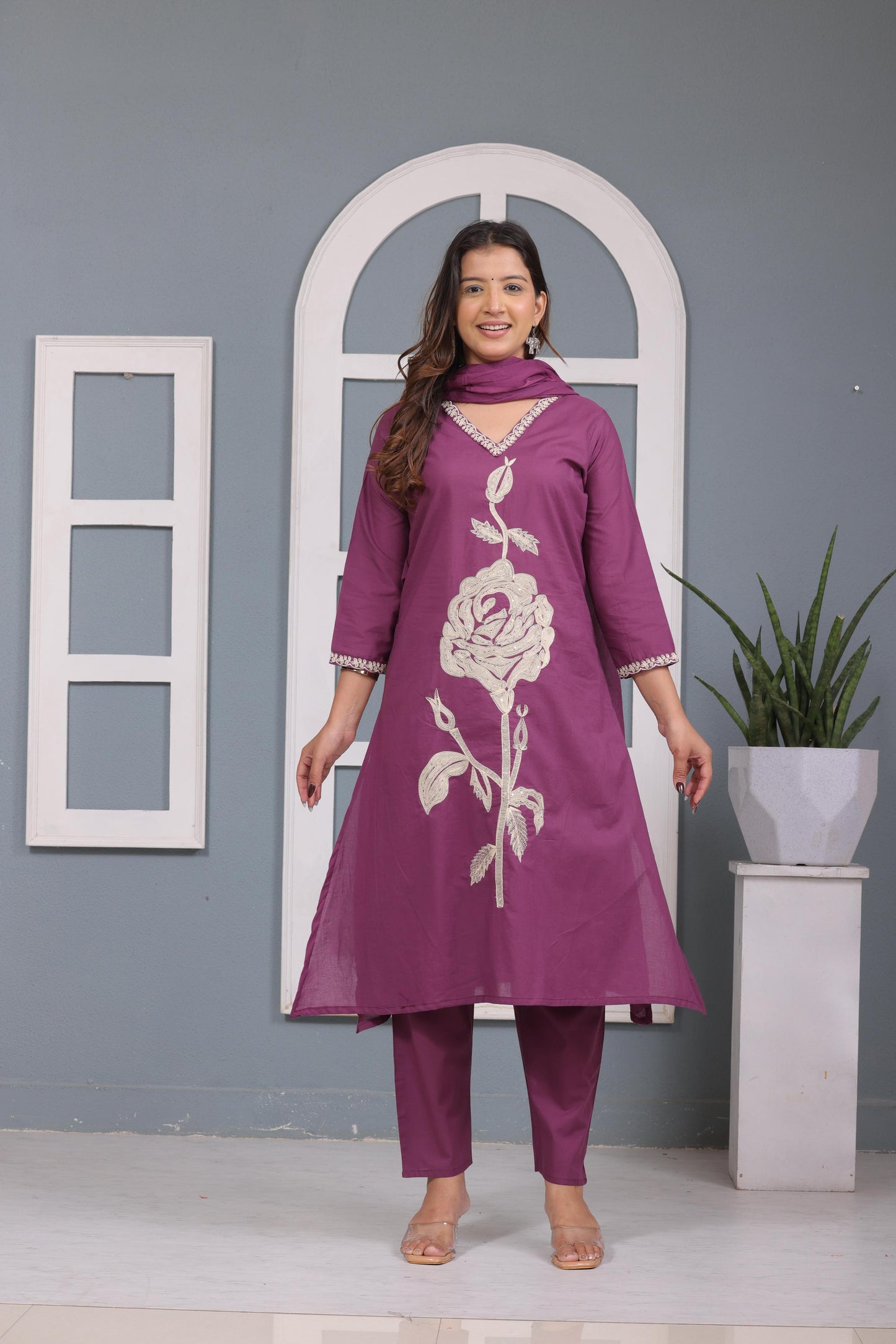 Dark Purple Embroidered Cotton Kurta and Pant Set with Dupatta