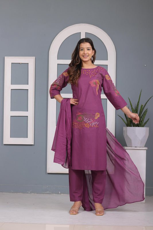 Purple Embroidered Cotton Kurta and Pant Set with Dupatta
