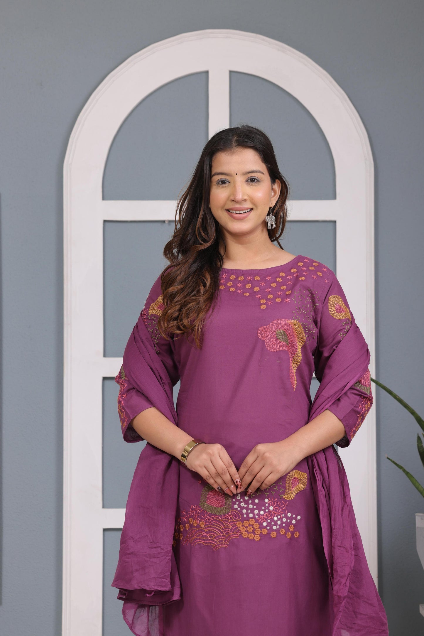 Purple Embroidered Cotton Kurta and Pant Set with Dupatta