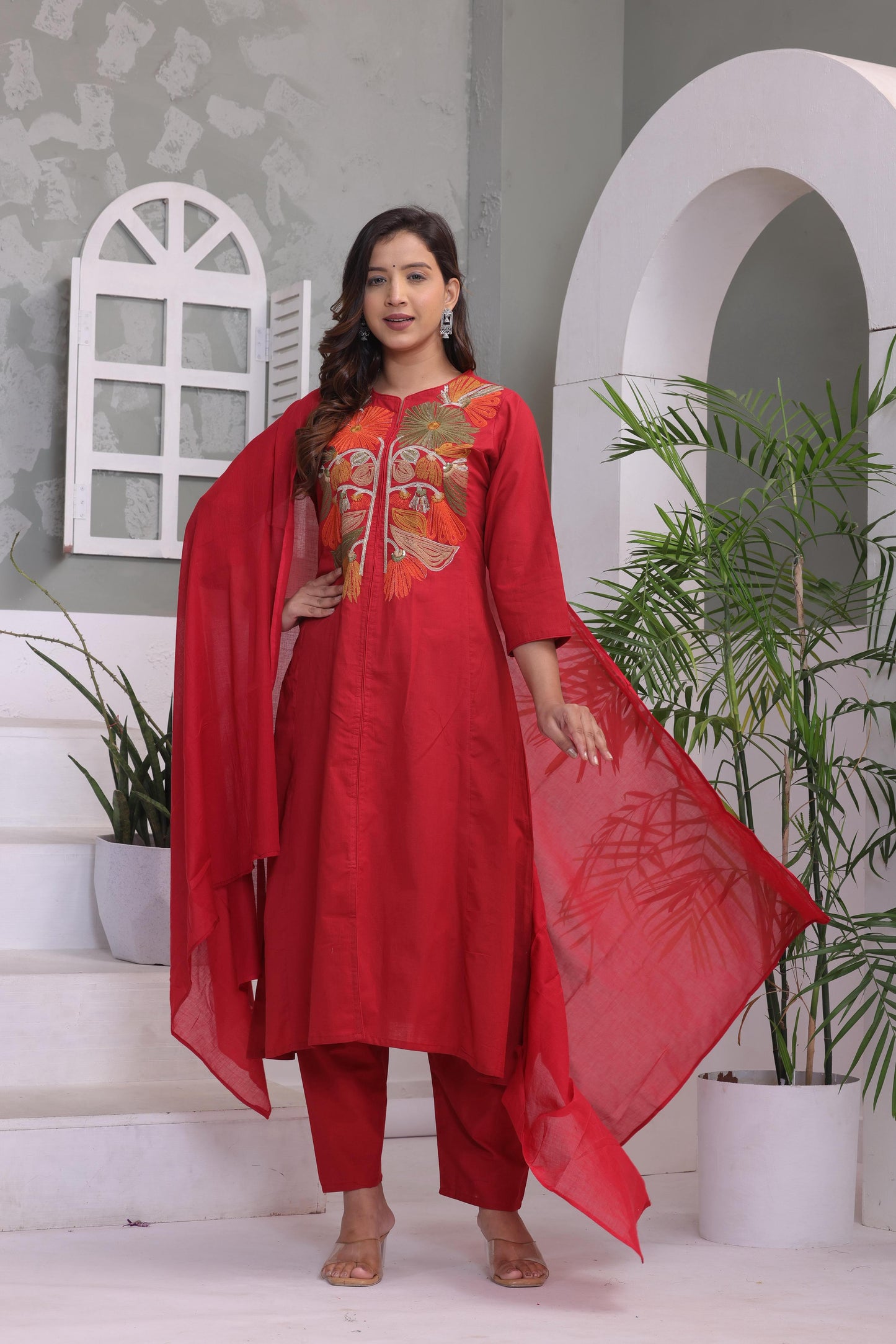 Red Embroidered Cotton Kurta and Pant Set with Dupatta