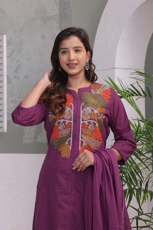 Grape Embroidered Cotton Kurta and Pant Set with Dupatta
