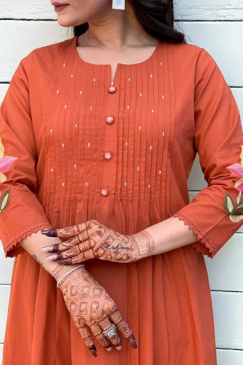 Sunset Orange Embroidered Cotton Kurta and Pant Set with Dupatta