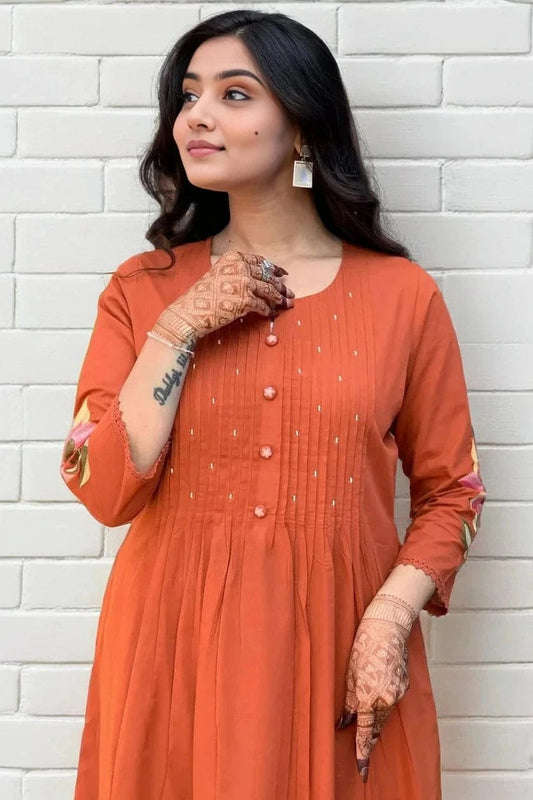 Sunset Orange Embroidered Cotton Kurta and Pant Set with Dupatta
