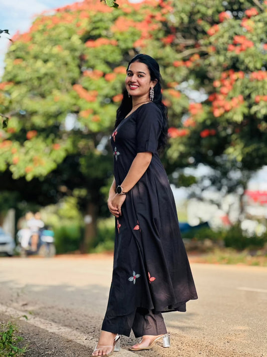 Black Embroidered Cotton Kurta and Pant Set