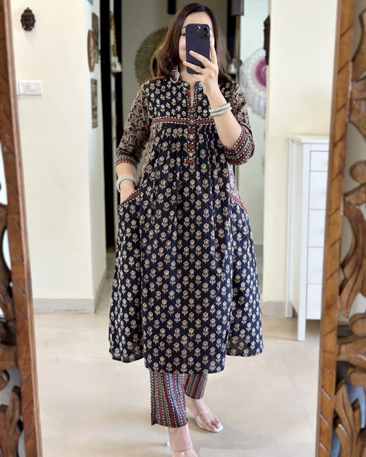 Black Printed Cotton Kurta and Pant Set with Dupatta