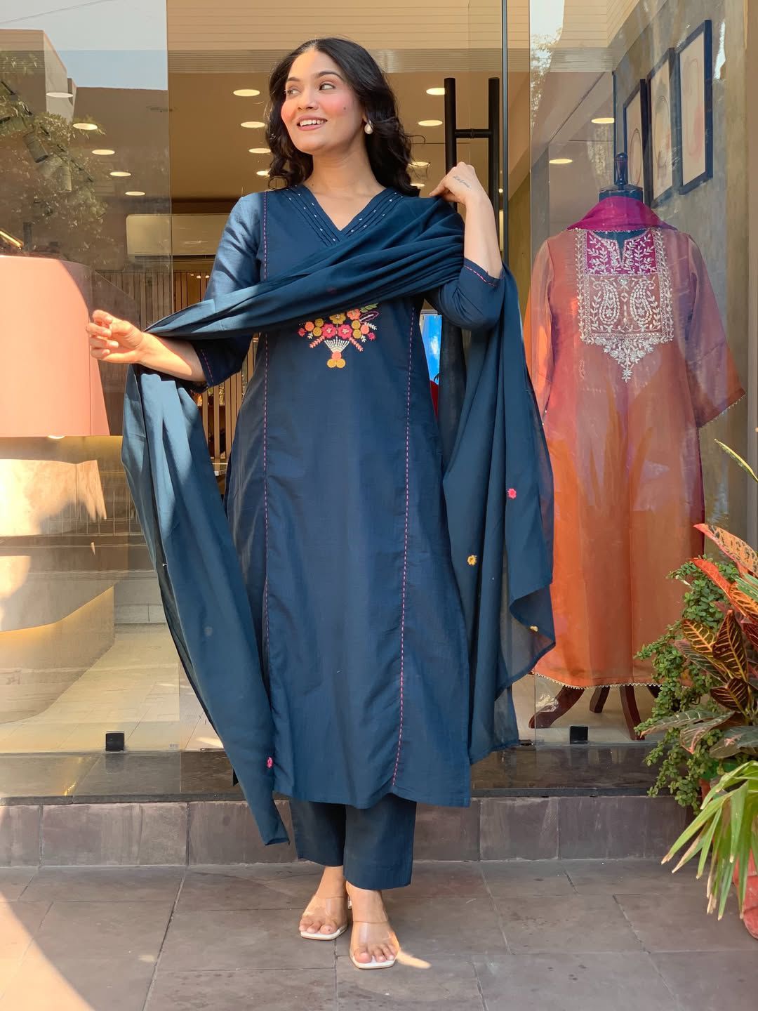 Blue Embroidered Cotton Flex Kurta and Pant Set with Dupatta