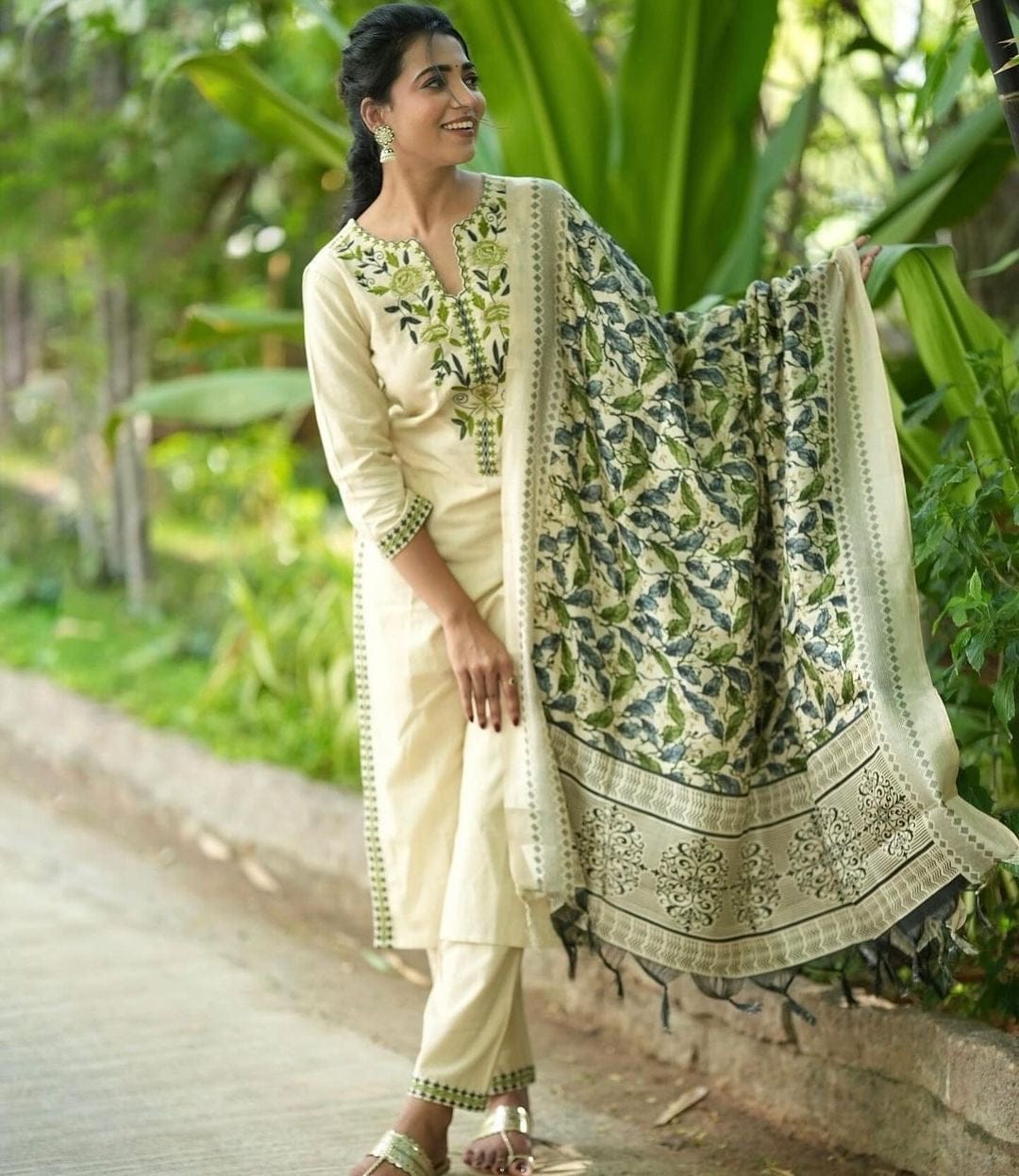 Off White Embroidered Cotton Kurta and Pant Set with Dupatta