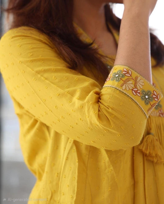 Yellow Embroidered Ram Boota Kurta and Pant Set with Dupatta